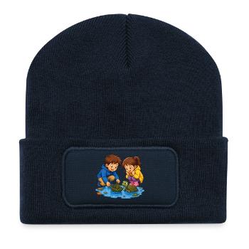 Kinder Schildkröte Blattboot in Pfütze Süß Motiv - Recycelte Patch Beanie - French Navy - Vorne