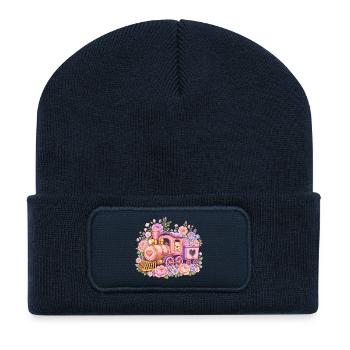 Cuddly Pink Locomotive with Flowers - Recycled Patch Beanie - french navy - Front