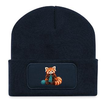 Roter Panda mit türkisfarbenem Schal stricken - Recycelte Patch Beanie - French Navy - Vorne