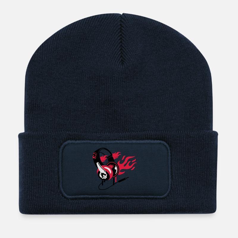 Kopfhörer und Flammen - Recycelte Patch Beanie - French Navy