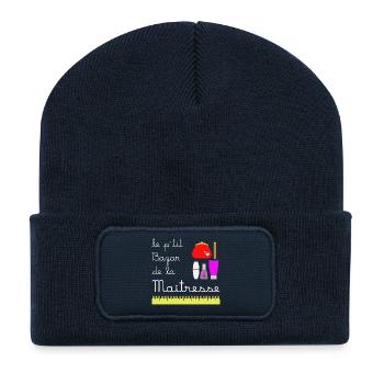 Le p'tit bazar de la Maîtresse (écrit blanc) - Beanie recyclé à patch - bleu marine - Devant
