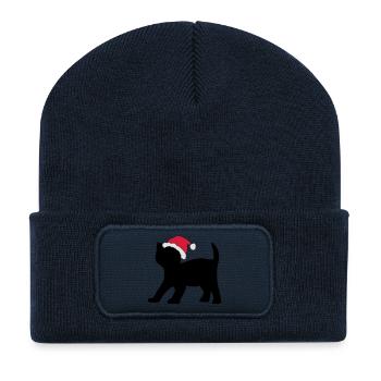 Chaton dans un chapeau de Noël. - Beanie recyclé à patch - bleu marine - Devant