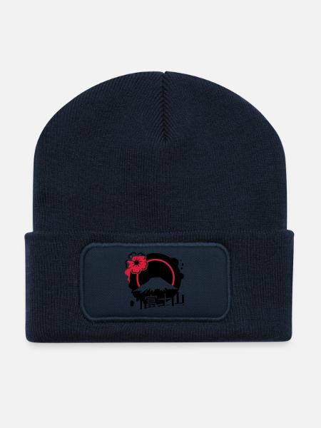 Fujiyama avec fleur de cerisier et calligraphie - Beanie recyclé à patch - bleu marine