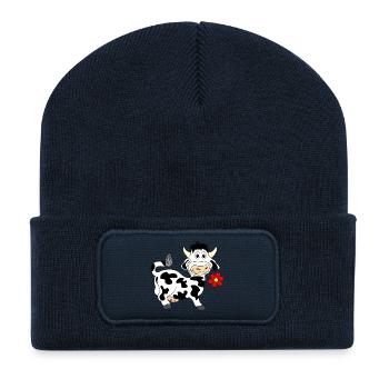 Vache avec une fleur dans la bouche - Beanie recyclé à patch - bleu marine - Devant