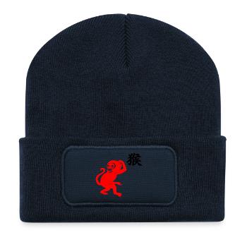 Caractère chinois singe rouge avec image de singe - Beanie recyclé à patch - bleu marine - Devant