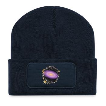 leuchtend violette Galaxie mit Mond und Sterne - Recycelte Patch Beanie - French Navy - Vorne