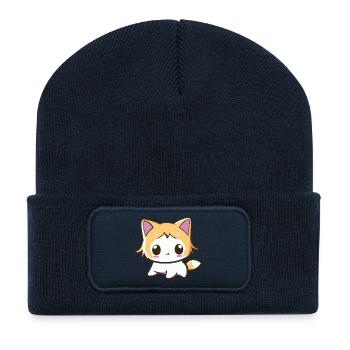 Kawaii Chibi Cat - Cute Anime Kitten - Recycled Patch Beanie - french navy - Front