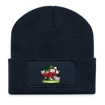 lustige Bauernhof Tiere mit rotem Traktor - Recycelte Patch Beanie - French Navy - Vorne