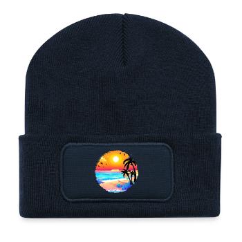 Summer Sunset Beach Watercolor - Recycled Patch Beanie - french navy - Front