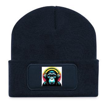 Schimpansenaffe hört Musik mit Kopfhörern - Recycelte Patch Beanie - French Navy - Vorne