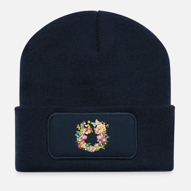 frühlingshafte bunte Blüten & Schmetterlinge - Recycelte Patch Beanie - French Navy