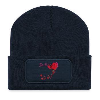 Je t aime avec son cœur de rose rouge - Beanie recyclé à patch - bleu marine - Devant