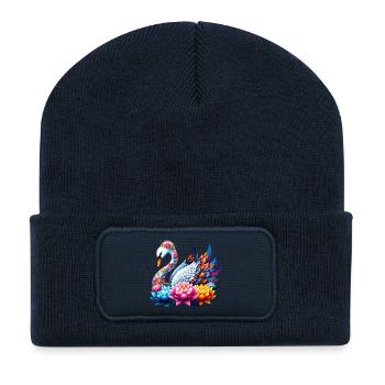 Schwan verziert mit Lotusblüten - Recycelte Patch Beanie - French Navy - Vorne