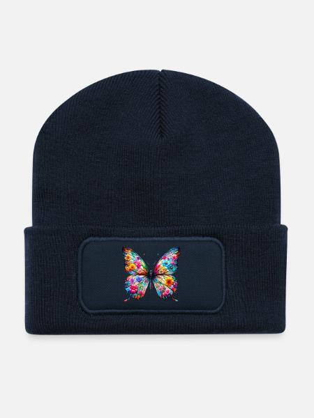 Schmetterling mit Blumen verziert - Recycelte Patch Beanie - French Navy