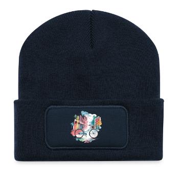 Pastellfarbenes Stadtbild Fahrraddesign - Recycelte Patch Beanie - French Navy - Vorne
