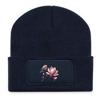 Vogel auf Magnolienzweig – Harmonische Komposition - Recycelte Patch Beanie - French Navy - Vorne
