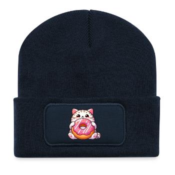 Chat mignon avec dessert beignet dent sucrée - Beanie recyclé à patch - bleu marine - Devant