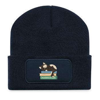 Cat takes a nap on books - Recycled Patch Beanie - french navy - Front