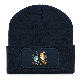 Süßes Meeres-Einhorn und ein fröhlicher Narwal - Recycelte Patch Beanie - French Navy - Vorne