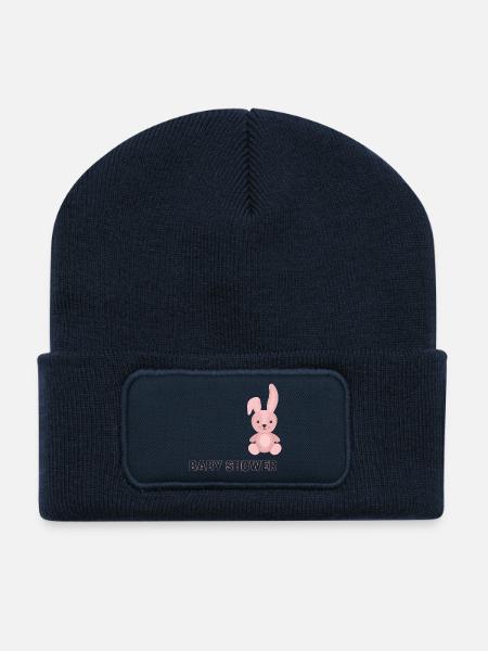 Shower de bébé avec motif de lapin rose - Beanie recyclé à patch - bleu marine