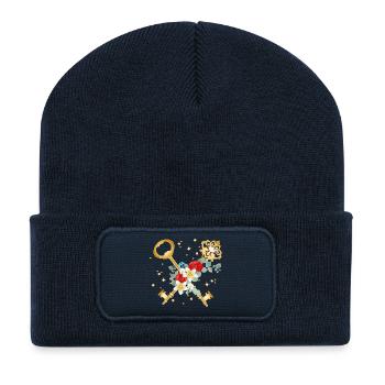 Clés croisées avec des fleurs de style or - Beanie recyclé à patch - bleu marine - Devant