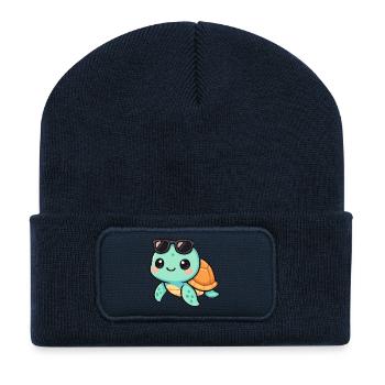Cute turtle cartoon with sunglasses - Recycled Patch Beanie - french navy - Front