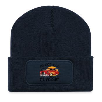 Roter Oldtimer mit Sunset Design - Recycelte Patch Beanie - French Navy - Vorne