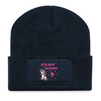 Children's Birthday 9, Dancing Funny Unicorn - Recycled Patch Beanie - french navy - Front