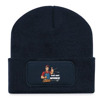 Werkstattheld Spruchdesign, That shit works! - Recycelte Patch Beanie - French Navy - Vorne