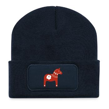 Dalapferd Weihnachten Schweden Stockholm Deko Xmas - Recycelte Patch Beanie - French Navy - Vorne
