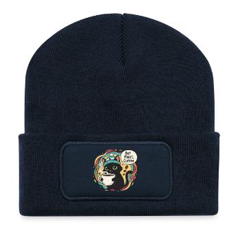 Kaffeezeit Katze mit Mütze - Recycelte Patch Beanie - French Navy - Vorne