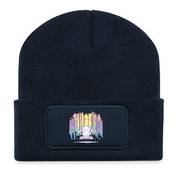 Lapin pastel sur un arc-en-ciel de balançoire - Beanie recyclé à patch - bleu marine - Devant