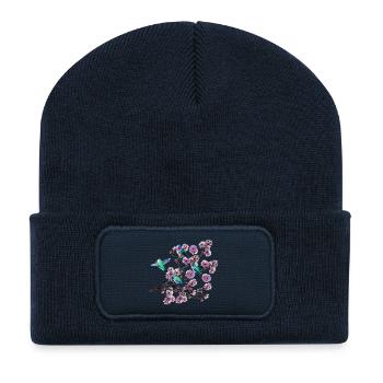 Kolibri in verschiedene Perspektiven, Mandelblüten - Recycelte Patch Beanie - French Navy - Vorne