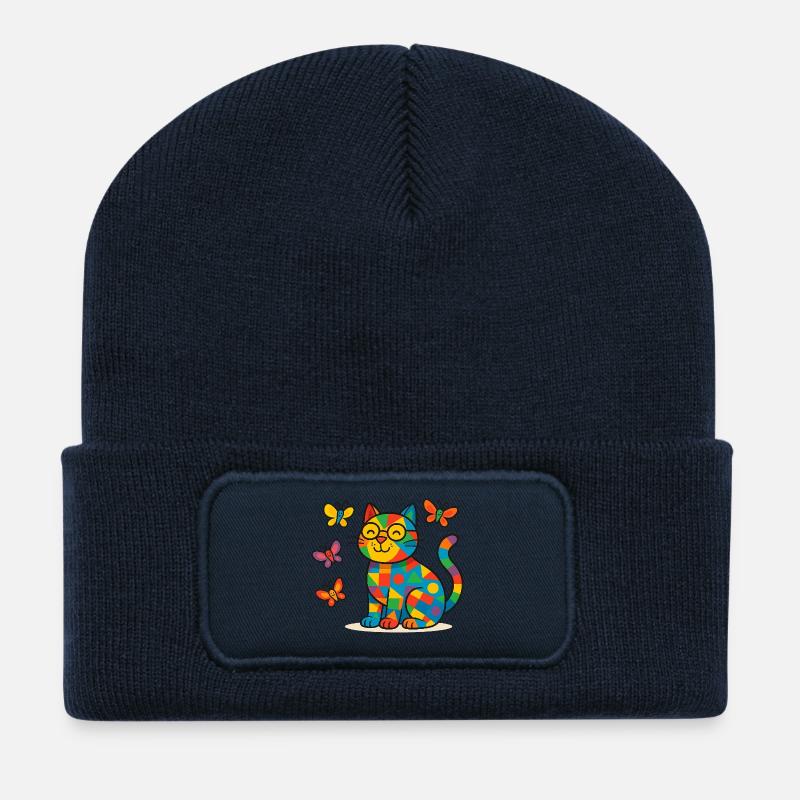 Patchwork-Katze mit bunten Schmetterlingen - Recycelte Patch Beanie - French Navy