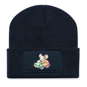 Souris colorée dans une voiture jouet - Beanie recyclé à patch - bleu marine - Devant