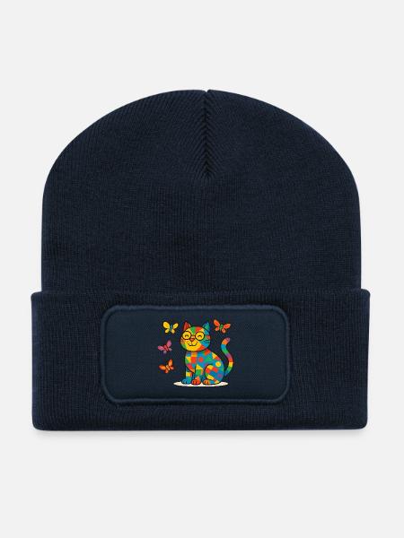 Patchwork Cat and Butterflies - Recycled Patch Beanie - french navy