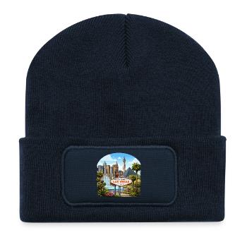 Enseigne au néon et skyline de Las Vegas - Beanie recyclé à patch - bleu marine - Devant