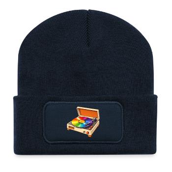 Retro Plattenspieler mit Regenbogen Schallplatte - Recycelte Patch Beanie - French Navy - Vorne