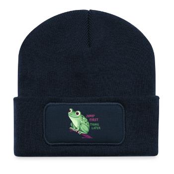 Grenouille avec citation - Beanie recyclé à patch - bleu marine - Devant