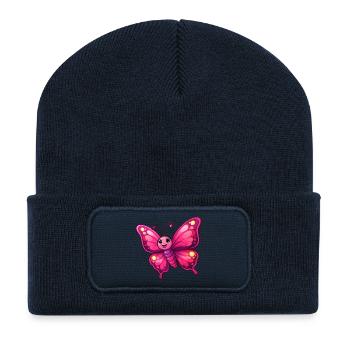 Kuscheliger Pinker Schmetterling - Recycelte Patch Beanie - French Navy - Vorne