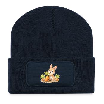 Un lapin mignon qui récolte des carottes dans le jardin - Beanie recyclé à patch - bleu marine - Devant