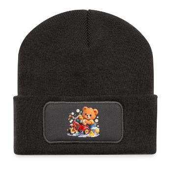 Kinder Shirt Bär putzt Dreirad Frühjahrsputz - Recycelte Patch Beanie - Dunkelgrau - Vorne