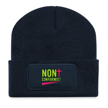 Christliche Popkunst Römer 12:2 Neon-Design - Recycelte Patch Beanie - French Navy - Vorne