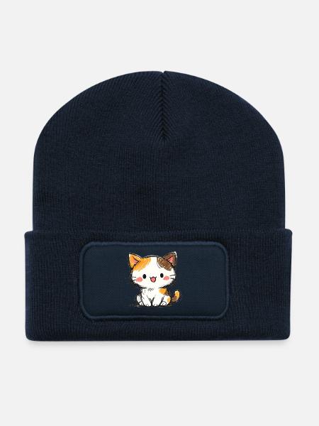 Kleines Glücks Kätzchen Cartoon - Recycelte Patch Beanie - French Navy