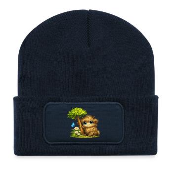 Un doux bœuf poilu sur la prairie fleurie - Beanie recyclé à patch - bleu marine - Devant