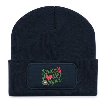 Peace Love Vegan Retro Script - Recycled Patch Beanie - french navy - Front