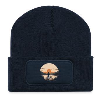 Sonnenuntergang am Bergsee Fahrrad, Fahrradfahrer - Recycelte Patch Beanie - French Navy - Vorne