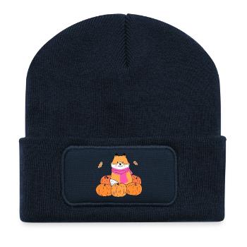 Cute Fox with Pumpkins Autumn Cartoon - Recycled Patch Beanie - french navy - Front