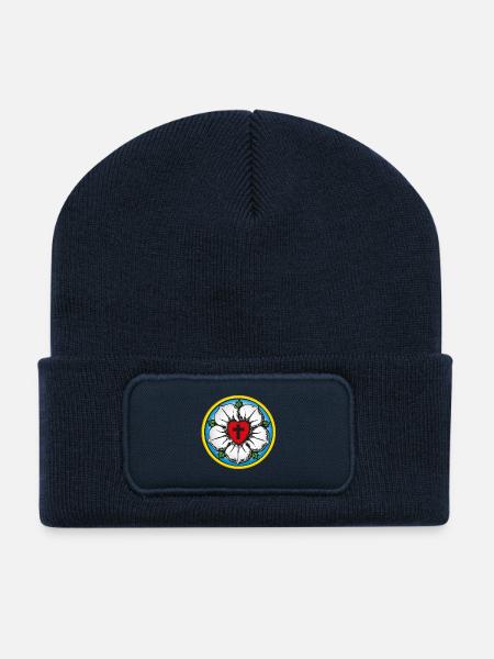 Luther. Rose. Blume. Reformationstag. 500. 1517 - Recycelte Patch Beanie - French Navy