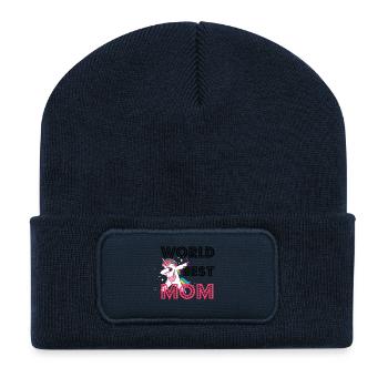 Le plus grand cadeau de maman de mondes Mère licorne tamponnant - Beanie recyclé à patch - bleu marine - Devant